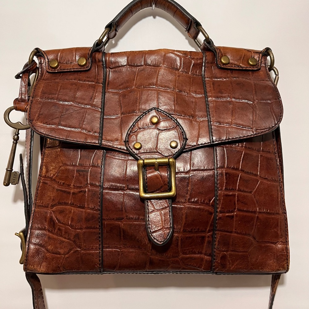 Fossil Crossbody Bag Croc Embossed Leather‎ Brown Women Small ZB5438